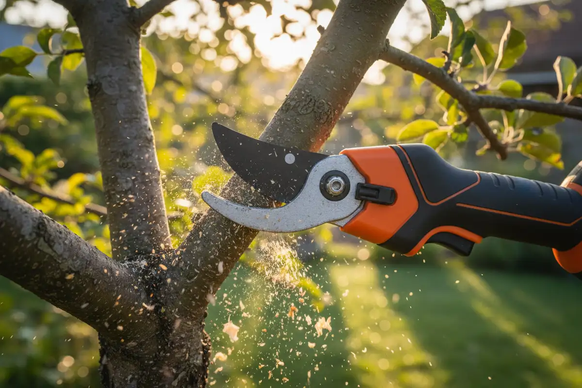 Akku-Astschere beim Schnitt durch einen Obstbaum-Ast im Garten