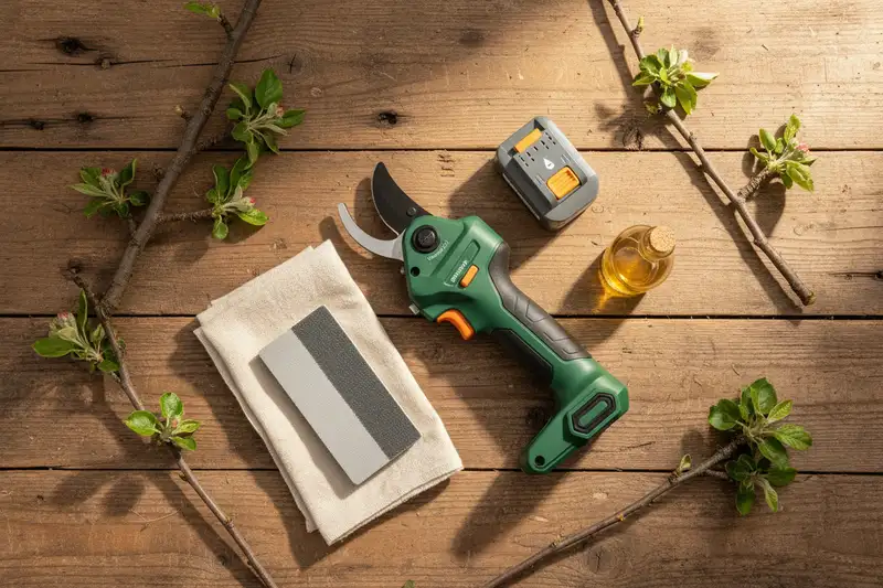 Akku-Astschere mit herausgenommenem Akku, Schleifstein und Pflegeöl auf einer Werkbank