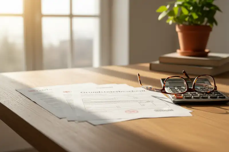 Grundsteuerbescheide auf einem Schreibtisch mit Taschenrechner und Lesebrille
