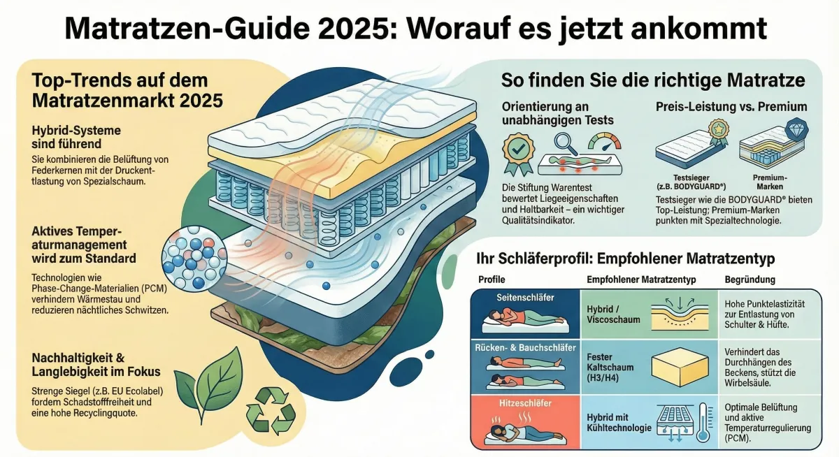 Infografik "Matratzen-Guide 2025" mit Matratzen-Querschnitt, Trends, Kauftipps und Empfehlungen für Schläfertypen.